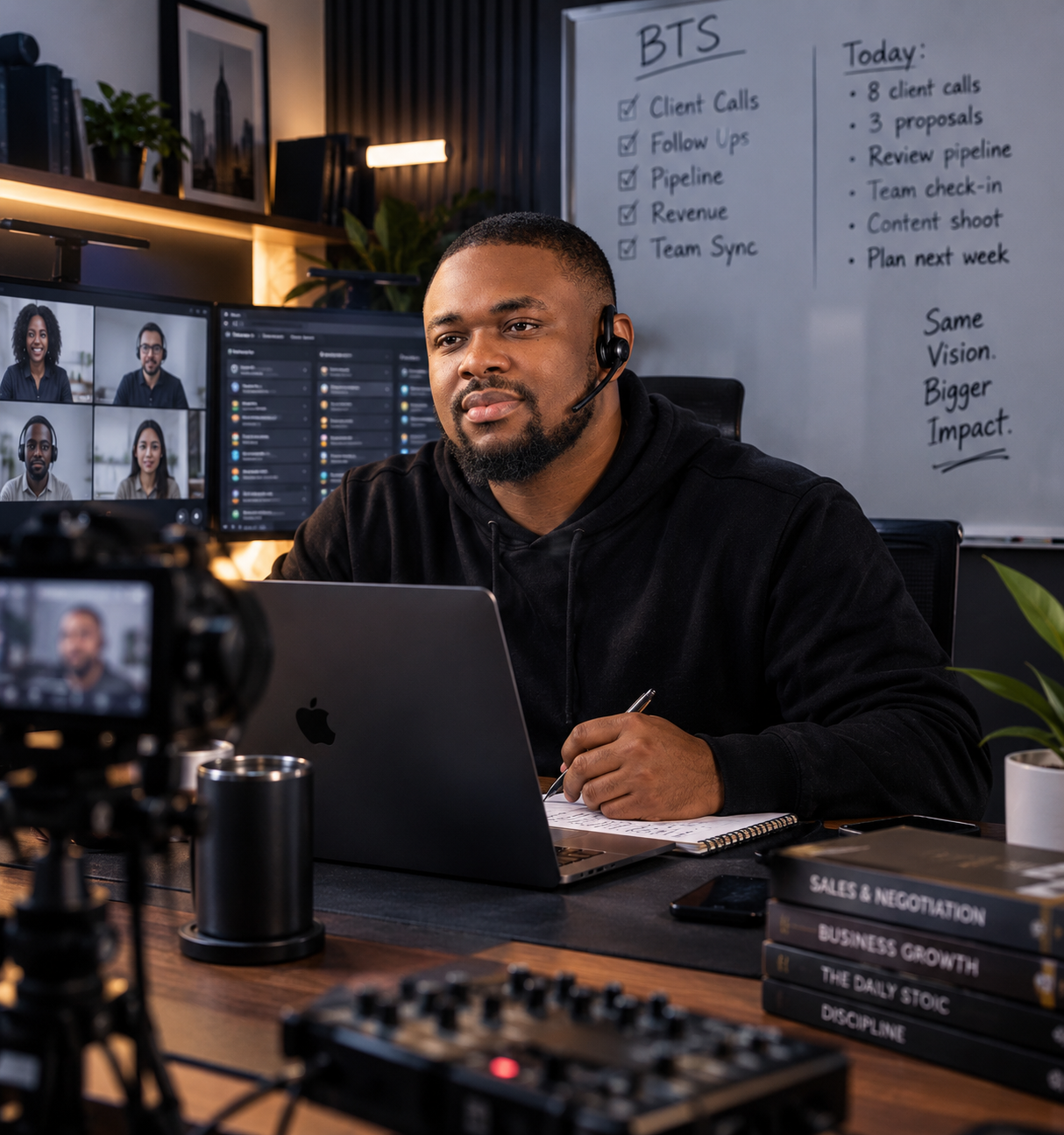 Patrick Ogbekhilu at his desk wearing a headset, pen in hand over an open notebook, with a camera on a tripod and monitors showing a team call behind him