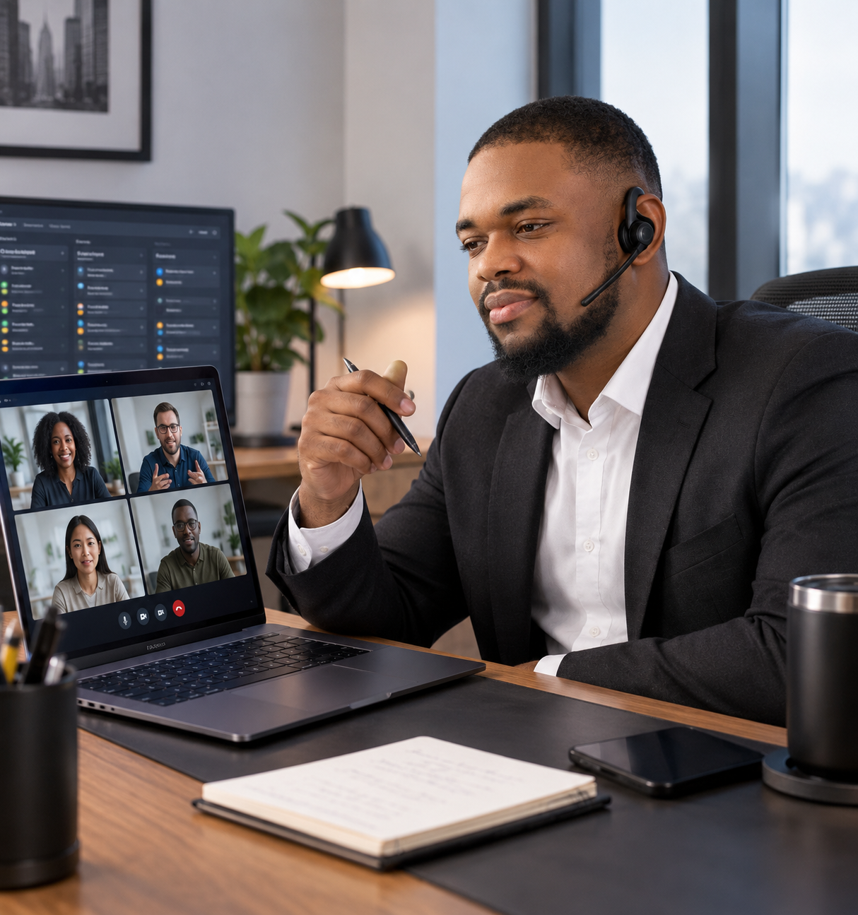 Patrick Ogbekhilu on a video call with four colleagues, seated at his desk wearing a headset