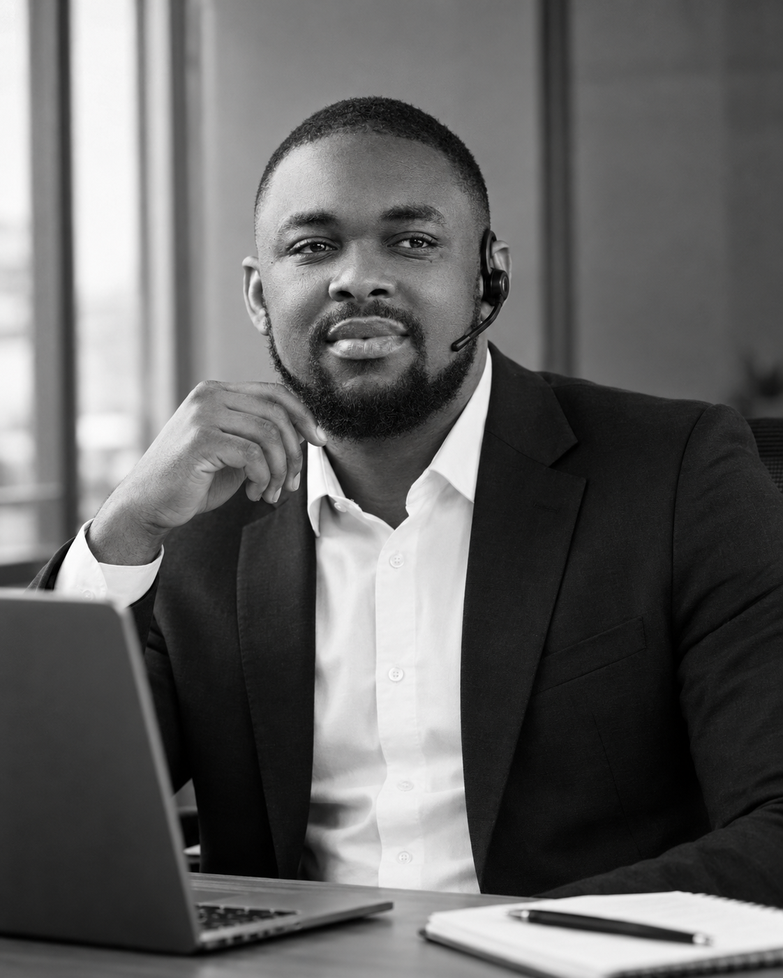 Patrick Ogbekhilu at his desk wearing a headset, with a laptop and notebook in front of him